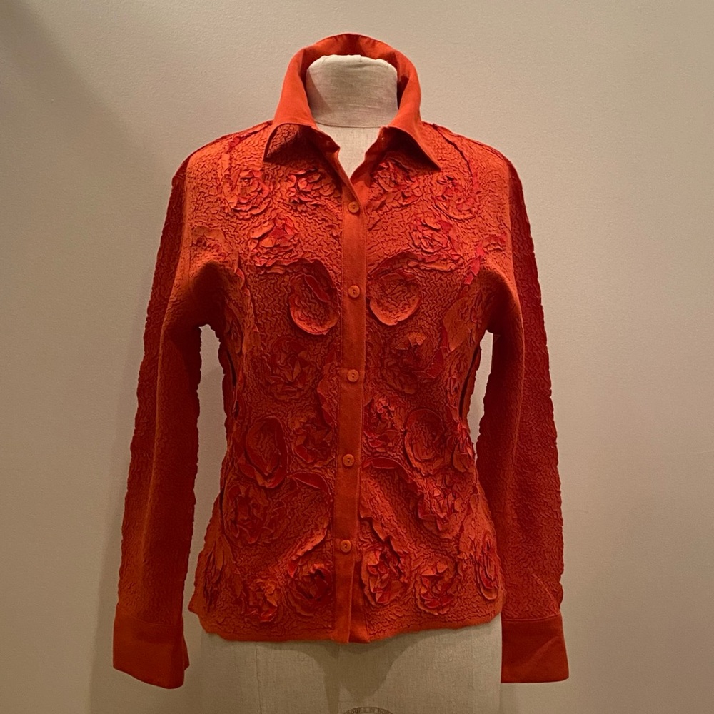 Vegan Suede Orange Womens Button Down Shirt w Woven Pattern/Stretchable/ Size M